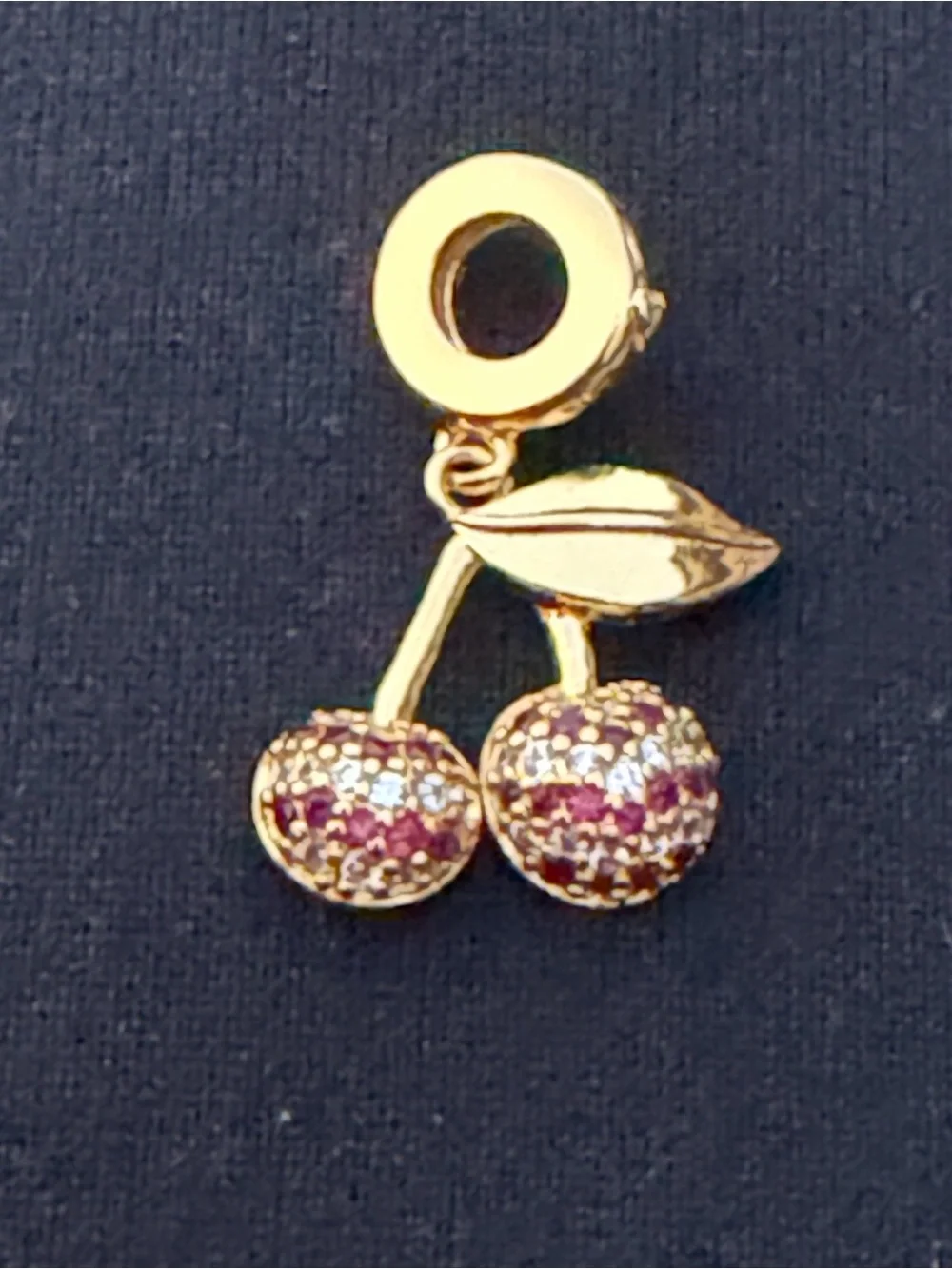 Gold Cherry Dangle Charm with Pink Crystal Accents